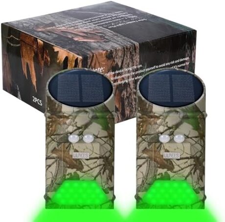 Solar Powered Hog Feeder Light-Motion Activated for Hogs,Deer Feeder and Yard Varmint Guarding-Campact Camouflage Green Lights Design for Outdoor Game Hunting (G300) 2-Pack