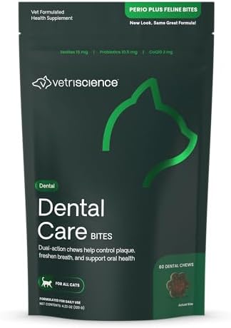 VetriScience Perio Plus Cat Teeth Cleaning Bites - Advanced Cat Breath Freshener - Dual Action Cat Dental Care Formula for Plaque Control & Fresh Breath, 60 Chews, Chicken Flavor​