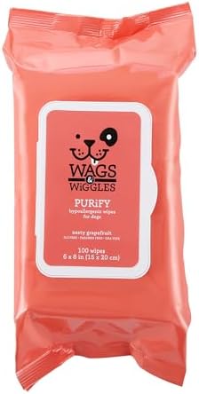 Wags & Wiggles Purify Hypoallergenic Dog Wipes for Sensitive Skin, Paw and Body Grooming Wipes with Gentle Plant Based Formula for Everyday Cleaning, Zesty Grapefruit Scent, 100 Count