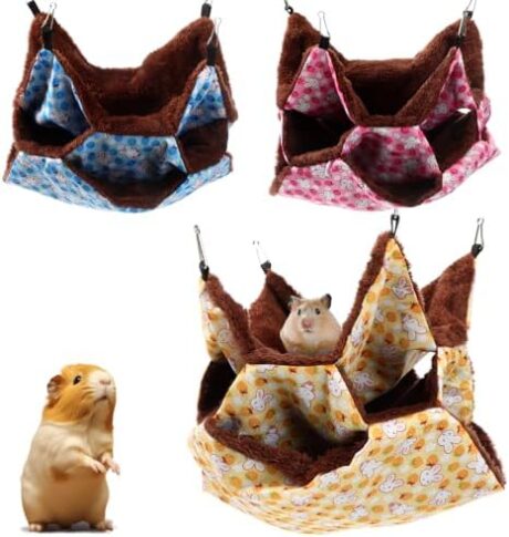 Weewooday 3 Pcs Rat Hammock 3 Tier Ferret Hammock Cage Hanging Bed Cage Accessories for Pet Guinea Pig Hamster Parrot Sugar Glider Ferrets Rat Chinchilla Playing Sleeping(Blue, Pink, Yellow)