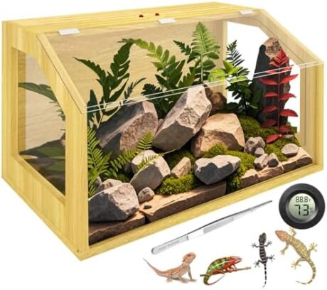 26 Gallon Reptile Terrarium Tank, Bearded Dragon, Snake Enclosure, Lockable Clear Acrylic Roof, Reptile Habitat Cage, Lizard Tank, Leopard Gecko Tank with Feeding Tongs, 24" L x 16" W x 16" H