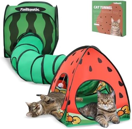 3-in-1 Watermelon Cat Play Tunnel with Pop-Up Cube & Triangle Cat Tent, Interactive Toy Ball & Foldable Design - Easy Magic Tape Assembly Tunnels for Indoor Cats