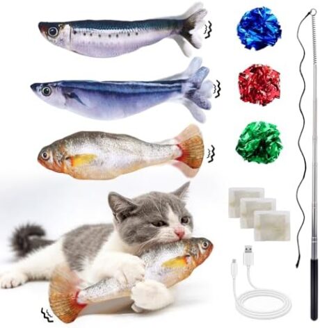 3PCS Interactive Cat Toy Floppy Fish Cat Toy with Crinkle Paper & Fishing Pole, Moving Cat Toys for Indoor Cats Boredom Relief, Rechargeable Automatic Touch-Activated Toys for Interactive Fun
