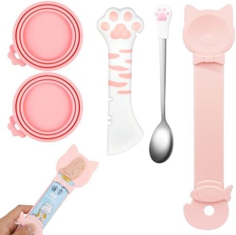 5 PCS Cat Food Can Covers Lids Set, Silicone Pet Food Can Lids with Multi-Function Cat Food Spoon and Opener, Cat Bar Squeezer, Stainless Steel Wet Food Spoon for Cats and Dogs (Pink) (Pink)