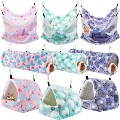 Abbylike 9 Pieces Rat Hammock 3 Tier Guinea Pig Ferret Hammocks Small Pet Hanging Tunnel Glider Toy Guinea Pig Ferret Hideout Bed Cage Accessories for Hamster(Green, Purple, Pink,Heart)