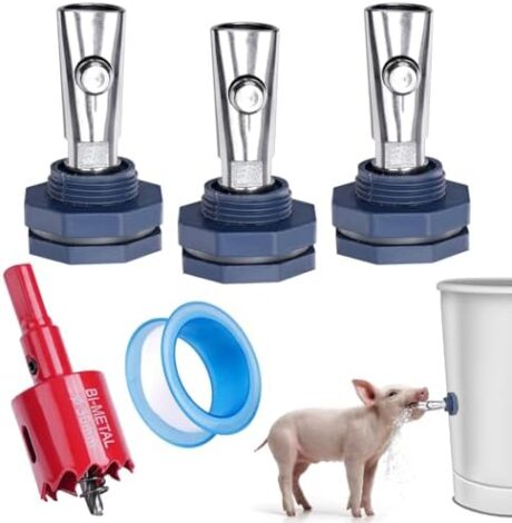 Automatic Pig Nipple Waterer Set with Brass Tank Connectors for Barrel Kit 3PCS Stainless Steel Automatic Pig Nipple Drinker Hog Drinker Feeder for Pigs, Hogs (Silver, 3pcs)