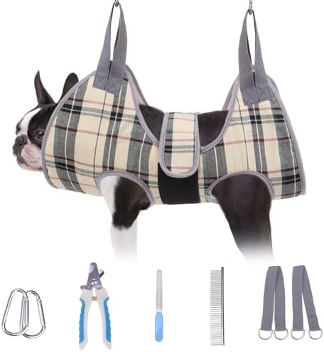 BEAUTYZOO Dog Grooming Hammock for Small Dogs Cat- Dog Sling for Nail Trimming/Clipping- Dog Hanging Harness Holder with Thick Fabric Neck Support & Strap Restraint Claw Care, Beige S
