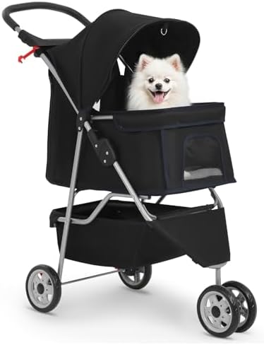 BestPet | 3-Wheel Pet Stroller | Dog and Cat Stroller | Breathable Mesh | Lightweight Travel Carrier | Waterproof & Foldable Design | Storage Basket | Black | for Daily Walks & Outdoor Use