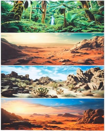 Breling 4 Pcs 71 x 18 Inch Reptile Habitat Background with Nano Glue Gobi Sun Cactus Stone and Green Tree Fern Stream Terrarium Background Polyester Durable Aquarium Accessories
