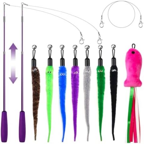 Cat Toys for Indoor Cats, 11PCS Interactive Cat Toy Wand Pack, 2 Retractable Cat Wand & 7PCS Worm Teaser Refills, Plush Fish Kitten Toys, Cat Feather Fishing Pole Toy for Play Chase Exercise