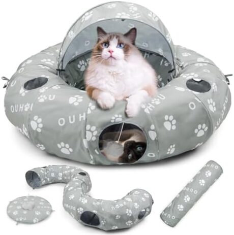 Cat Tunnel Bed for Indoor Cats, Donut Tunnel with Mat, Straight Tunnel, 4 Hanging Balls and Blackout Tent, Collapsible Peekaboo Cat Cave