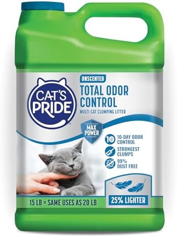 Cat's Pride Max Power: Total Odor Control - Up to 10 Days of Powerful Odor Control - Strong Clumping - Hypoallergenic - 99% Dust Free - Multi-Cat Litter, Unscented, 15 Pounds