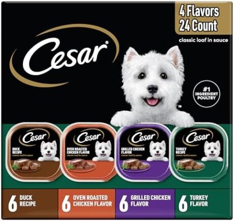 Cesar Wet Dog Food Classic Loaf in Sauce, Duck Recipe, Oven Roasted Chicken Flavor, Grilled Chicken Flavor, and Turkey Flavor, 3.5 oz. Easy Peel Trays, Variety Pack, 24 Count