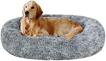 Coohom Oval Calming Donut Cuddler Dog Bed,Shag Faux Fur Cat Bed Washable Round Pillow Pet Bed(30"/36"/43") for Small Medium Dogs (XL(36"x27"x7"), Grey)