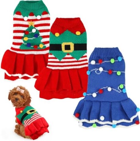 Dansydaisy 3 Pcs Christmas Dog Sweater Dresses Xmas Costumes for Small Dogs Winter Warm Puppy Cloth Xmas Holiday Sweaters Christmas Dress Outfit for Dachshund Chihuahua Maltese Puppy Girls(S)