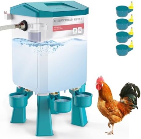 Float-Controlled Automatic Chicken Waterer, Blue Chicken Waterer with 4 Water Cups 13Ft Hose, Poultry Water Feeder for Duck, Quail, Geese, Chicken Supplies, 2 Gallons (Blue)
