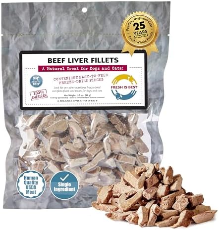 Fresh Is Best Beef Liver Fillets Freeze Dried Dog Treats – Raw Freeze Dried Dog Food for Cats & Canines – Training Treat in Resealable Zipper Bag – Grass-fed & Finished Beef Made in the USA