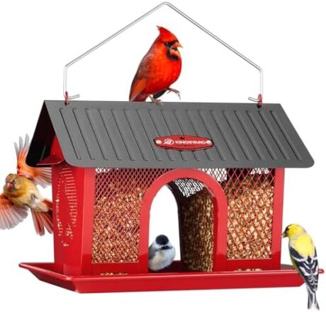 Kingsyard Bird Feeder for Outdoors Hanging, Dual-Use Metal Mesh Wild Bird Feeders with Seed Tray & Weatherproof Roof, 3 lbs Large Capacity, Red