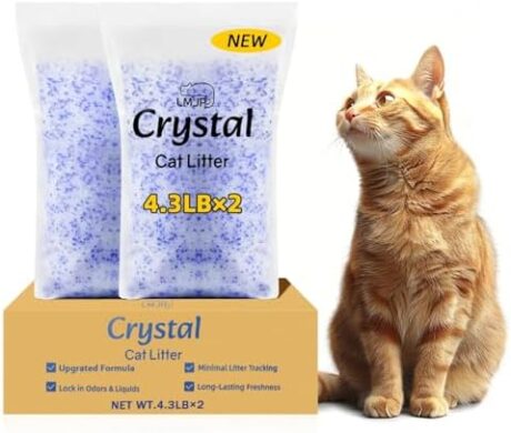 LMJP Crystal Cat Litter with Powerful Odor Control, Non-Clumping, Lasts Up to 2 Months, 8.6lb, Rapid Water Absorption, Unscented & Low Tracking Lightweight Blue & White Silica