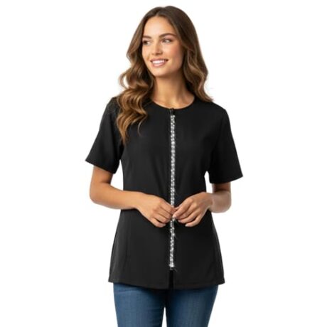 Ladybird Line 460 Groomer's Rhinestone Jacket - Water, Hair and Bleach Resistant, Short Sleeve Dog Grooming and Hair Stylist Smock with Round Neck, 2 Side Pockets & Adjustable Back Tie Belt - L