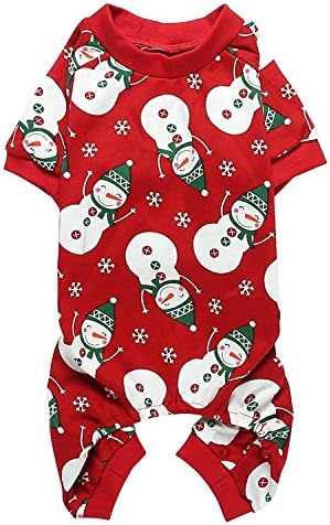 Lanyarco Cute Snowman Dog Pajama Reindeer Small Pet Clothes Christmas Dog Pajamas Shirts, Red Back Length 12" Small