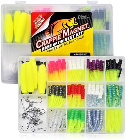 Leland's Lures Crappie Magnet Best of the Best Kit, Fishing Equipment and Accessories, Fishing Lures, 96 Bodies, 15 Double Cross Jig Heads, 4 E-Z Floats
