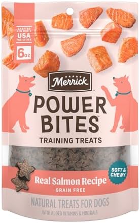 Merrick Power Bites Salmon Recipe Healthy Dog Treats, Real Salmon Grain-Free Dog Snacks, 6 oz Bag