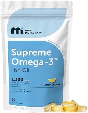 Micro Ingredients Supreme Omega-3 Fish Oil w/Ultra High EPA & DHA, Burpless Softgels | rTG Omega-3 with Vitamin D3 | Wild-Caught Cold Deep-Sea Fish | Lemon Flavor, Easy to Swallow, 60ct