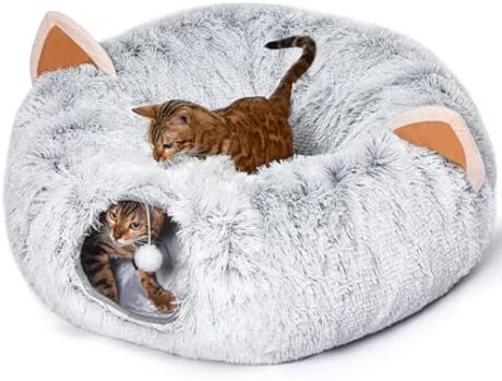 NEZIN Cat Tunnel with Bed for Indoor Cats, Under Christmas Tree Plush Peekaboo Cat Cave, Multifunctional Donut Tunnel Playground Toys for Cats Kitten