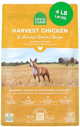Open Farm, Ancient Grains Dry Dog Food, Protein-Rich & Nutrient Dense, 90% Animal Protein Mixed with Non-GMO Fruits, Veggies and Superfoods, Harvest Chicken Recipe, 4lb Bag