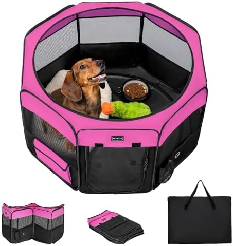 PETSFIT Portable Dog Playpen,36" Dog Play Pen Indoors with Removable Waterproof Mat & Zippered Roof | RV, Camping, Travel Dog Pen | Whelping & Cat Observation Space(36" L x 36" W x 21" H)