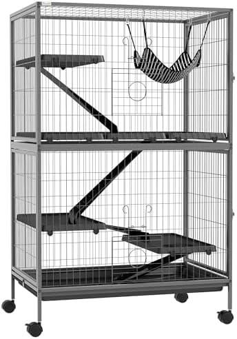 PawHut 50" 5-Tier Small Animal Cage, Ferret Cage, Large Chinchilla Cage with Hammock Accessory & Heavy-Duty Steel Wire, Small Animal Habitat with 4 Doors, Removable Tray, Gray