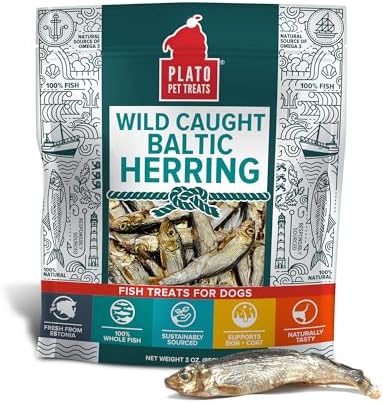 Plato Pet Treats Fish Dog Treats - Air-Dried, Single Ingredient Dog Treat - with Omega 3 & 6 Fatty Acids to Support Skin and Coat - 100% Whole Fish - Wild Caught Baltic Herring Dog Treats - 3oz