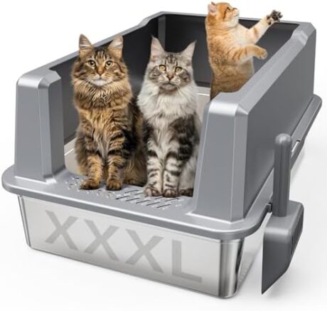 Suitfeel XXL Stainless Steel Cat Litter Box with Lid, Odorless XL Metal Box for Big Cats, Extra Large Kitty Litter Pan, Easy Clean Steel Box Anti-Leakage, Include Litter Scoop