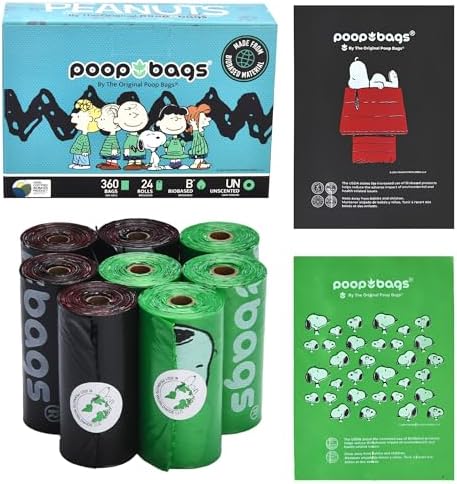 The Original Poop Bags® 38% USDA Biobased Pet Waste Bags, Peanuts Design, Leak-Resistant & Durable, Black/Green, 360 Count