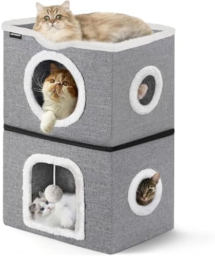 URPOWER 2 Story Cat Bed, Large Cat House for Indoor Cats Covered Cat Cave with Hideaway, Scratch Pad and Fluffy Ball, Foldable Cat Cube Condos Kitten Beds & Furniture for Multiple Small Pets