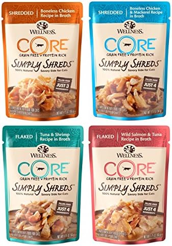 Wellness CORE Simply Shreds Natural Grain Free Wet Cat Food Topper Variety Pack, 4 Flavors, 1.75 Ounce (12 Total Pouches)