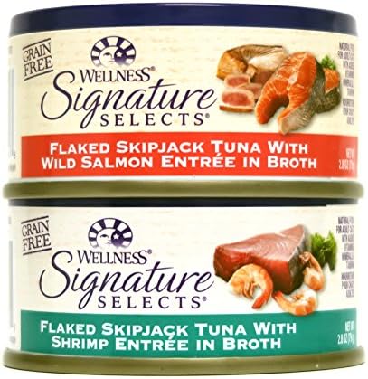 Wellness Natural Grain Free Signature Selects Flaked Wet Cat Food Variety Pack Box - 2 Flavors (Wild Salmon & Shrimp) - 2.8 Ounces Each (12 Total Cans)