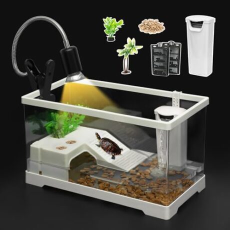 XLarge Turtle Tank Kit,All in One Starter Habitat,Red Eared Slider Aquatic for Tortoise,Fishes and Amphibians,Include Silent Filter,Filter Plates,UVB Lamp,Bulb,Plants,Stone,Basking Platform