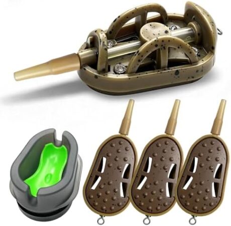 YOTO Carp Fishing Method Feeders Set - 3 Pcs Inline Baiting Tool & Groundbait Sinker Cages with Easy-Press Compactor | Professional Carp Fishing Equipment for Coarse Fishing & Efficient Baiting