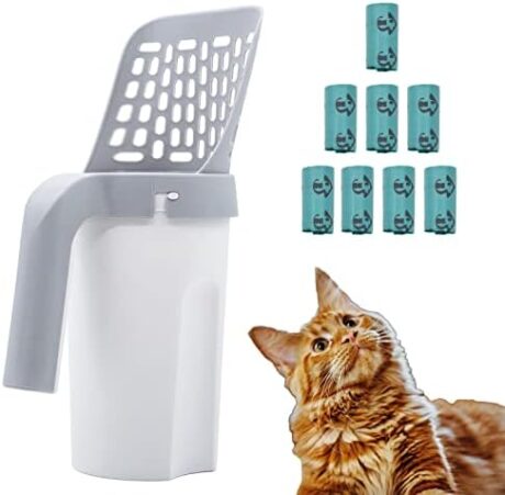 pudaer Cat Litter Scooper with Holder, Cat Litter Scoop with Detachable Poop Sifting Shovel, Cat Litter Sifter Scoop System, with Waste Container, 120pcs Extra Litter Bags as a Gift (Grey)