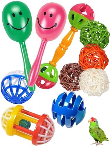 10-Pack Bird Toys for Parrots – Natural Rattan & Plastic Bell Balls – Safe, Fun Cage Decor & Foot Exercise (1.5'' - 5.5'')