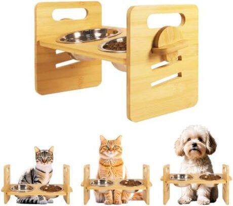 10° Elevated Cat Bowls for Food and Water Set Raised Cats Dishes for Indoor 3 Different Heights Bamboo Cats Feeding Stand Anti Whisker Fatigue for Cat and Puppy (1Pcs Bamboo, 2Bowls)