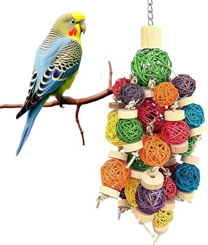 22" Bird Toys for Large Parrots - Natural Wood, Rattan Ball & Corn Cob Chewing Toys with Edible Colors | Safe for Macaw, Cockatoo, Conures | Cage Hanging Enrichment Accessories