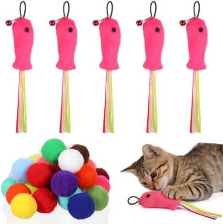 5 Pcs Cat Toys Pink Fish, Cats Feather Wand Accessories with Ribbons Colorful Cat Pom Pom Balls Fuzzy Kitten Interactive Playing Quiet Toy for Indoor Cats Kitten Exercise (30 Pcs Balls)