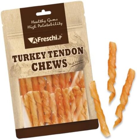 A Freschi srl Turkey Tendons for Dogs, USA-Sourced, Healthy Dog Treats, Rawhide-Free Puppy Chews, Long Lasting, All Natural, Hypoallergenic Dog Treats, Coil (S), 3 oz Pack