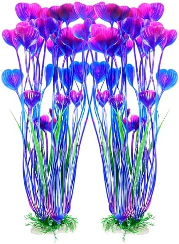 AQUANEAT Artificial Fish Tank Plants, Plastic Aquarium Accessories Large, 15.5 inch Purple Decorations, 2pcs