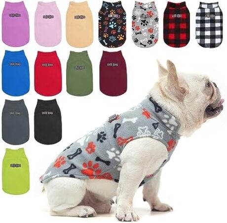BEAUTYZOO Small Dog Sweater Fleece Vest Winter Jacket, D-Ring Leash Attachment for XS S Puppy Medium Sized Breeds Dogs, Cold Weather Dog Clothes Windproof Keep Warm, Grey Bone Paw S