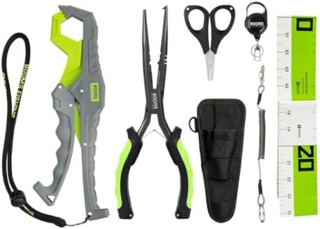 Booms Fishing Gear and Equipment: 6pcs Fishing Tools Kit with Needle Nose Pliers, Fish Gripper, Scissors, 24" Ruler, Retractor & Lanyard - Saltwater Fishing Tackle Accessories Gifts for Men, TK1