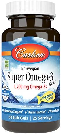 Carlson - Super Omega-3 Gems, 1200 mg Omega-3s, Norwegian, Cardiovascular Support, Brain Function & Vision Health, 50 soft gels